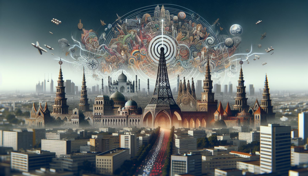 Widok panoramiczny miasta z wieżą radiową